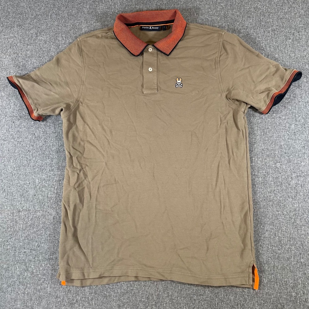Psycho Bunny Mens Pima Cotton Polo Shirt Khaki Tan Orange Size 7 XL Short Sleeve